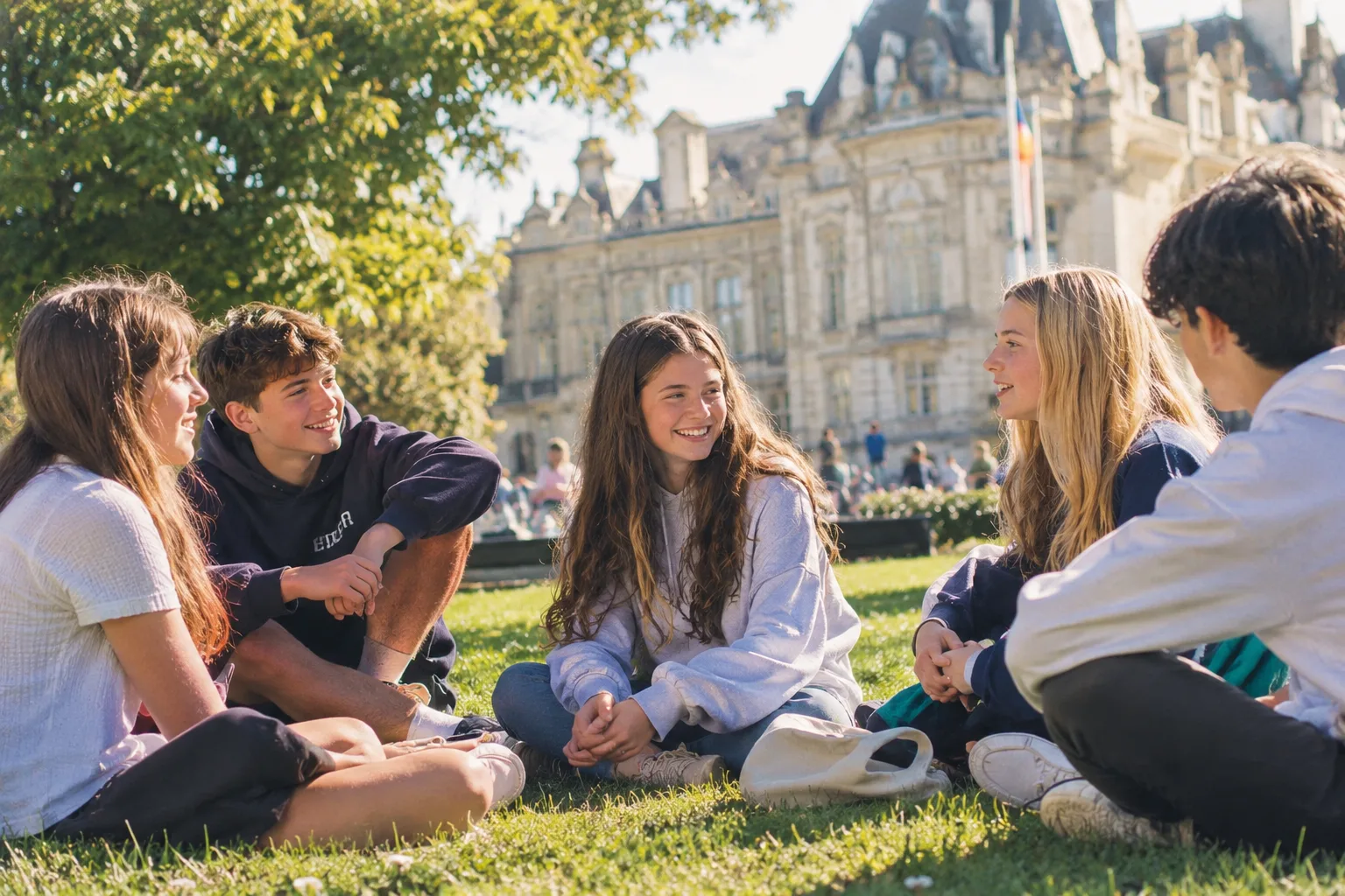 School language trip group activity, pupils practising the language outdoors