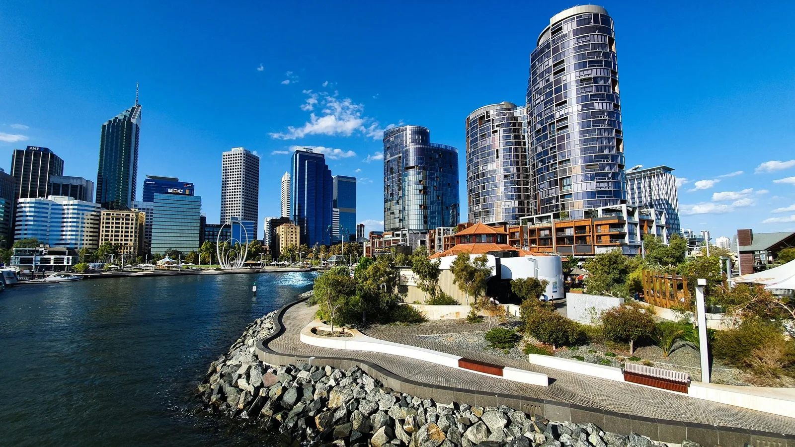 Perth city skyline across the Swan River during an English language stay in Perth