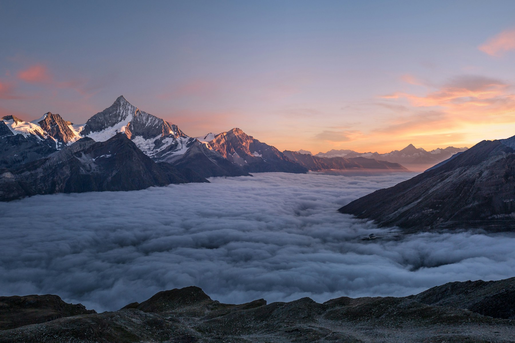The iconic Matterhorn pyramid towering above the Zermatt ski resort in Switzerland