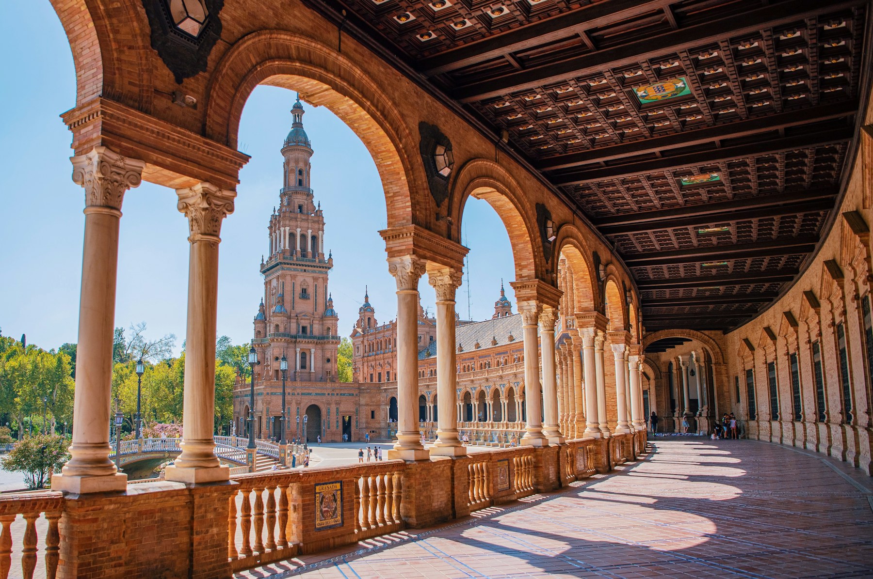 The tiled Plaza de España during a Spanish language stay in Seville, Spain